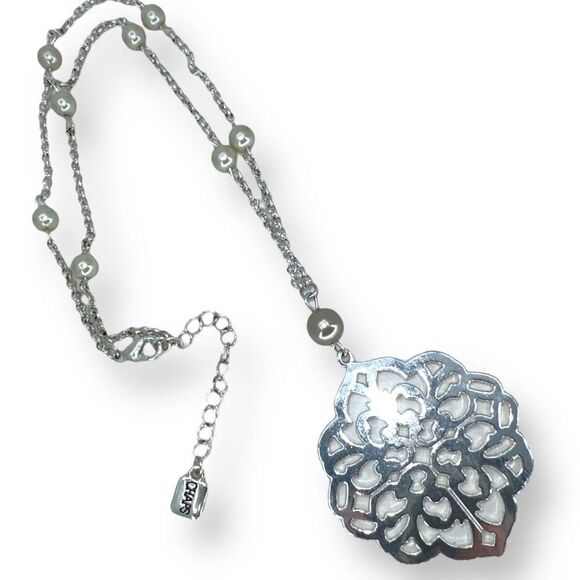 CHAPS Floral Open Design Silverton Pendant Faux Pearl Link Necklace 17-19" - Picture 2 of 6